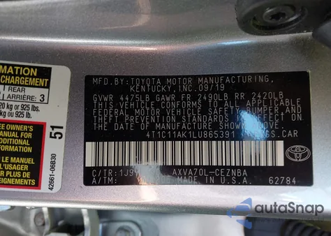 2020 Toyota Camry Le из США, поврежденный, VIN 4T1C11AK1LU865391